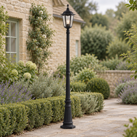 Gallery Direct Burford Floor Lamp installed beside a stone garden path