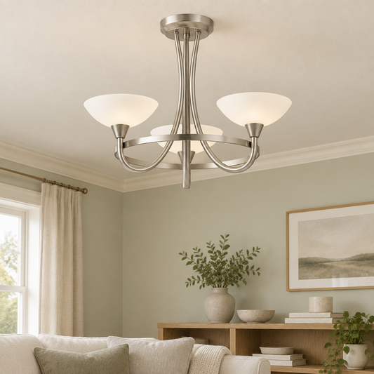 Gallery Direct Cagney 3 Ceiling Lamp Satin Chrome installed in a softly lit room