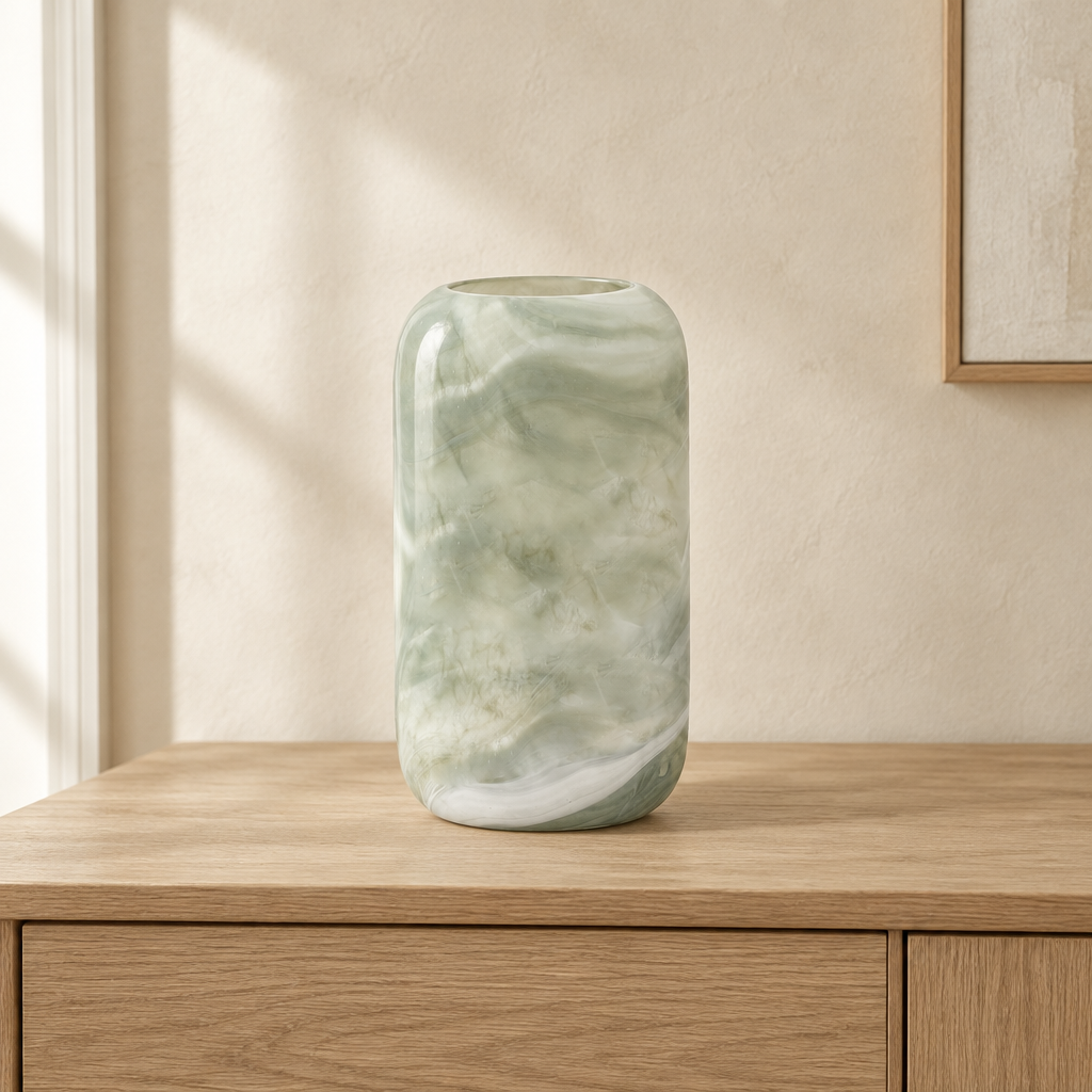 Gallery Direct Caldeira Handblown Glass Vase Slim Sage displayed on an oak console in a softly lit neutral interior