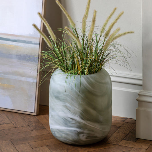 Gallery Direct Caldeira Handblown Glass Vase Wide Sage, styled in a supplier lifestyle setting