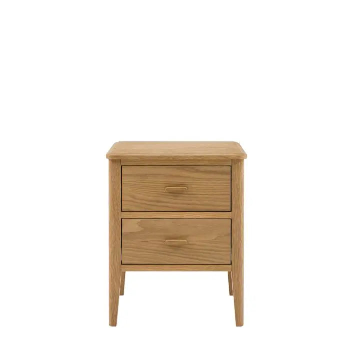 Gallery Direct Camden Bedside Cabinet features 2 Drawers with matching handles and slim tapered legs in a Natural warm wood finish
