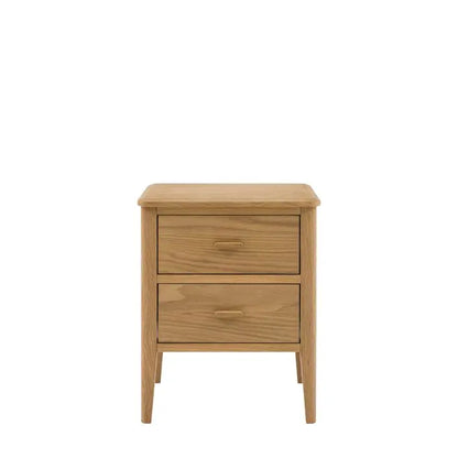 Gallery Direct Camden Bedside Cabinet features 2 Drawers with matching handles and slim tapered legs in a Natural warm wood finish