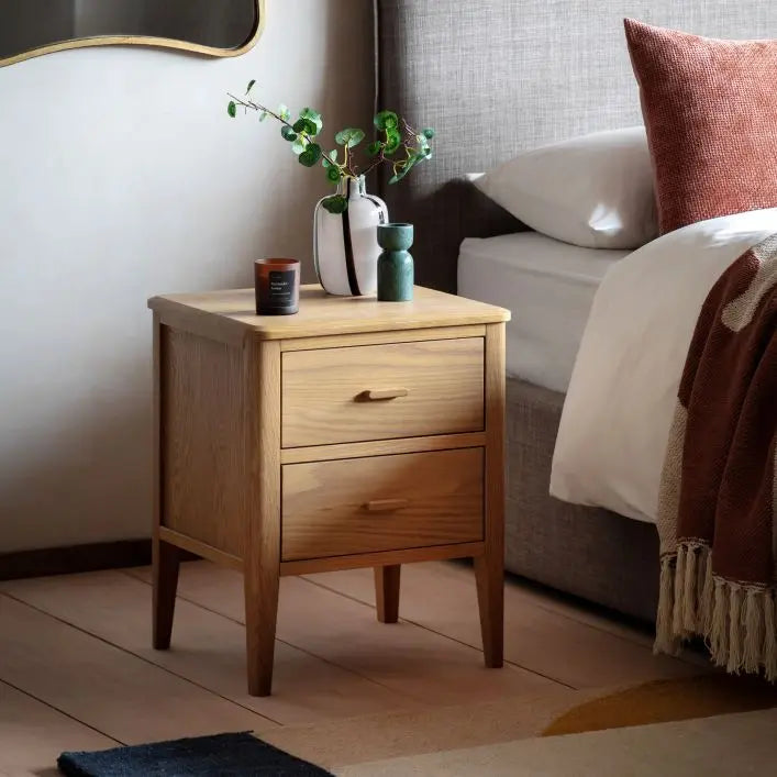Gallery Direct Camden Bedside cabinet with 2 Drawers in a Natural warm wood-grain finish with slim legs and matching handles 