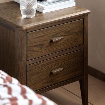 Gallery Direct Camden Bedside cabinet with 2 drawers in a dark Walnut wood-grain finish, with matching slim handles