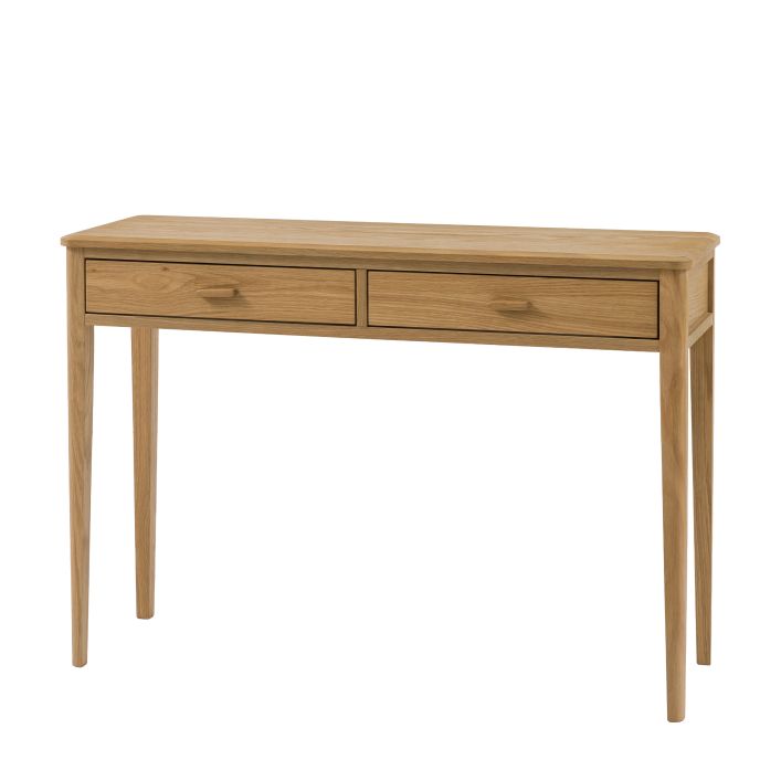 Gallery Direct Camden 2 Drawer Console Table in a Natural wood-grain finish, with matching wooden handles and slim tapered legs 