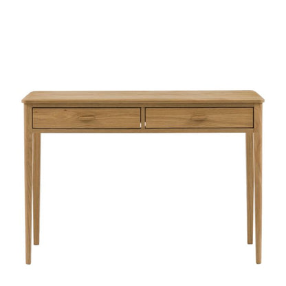 Gallery Direct Camden Console Table with 2 Top Drawers and slim tapered legs in a Natural warm wood-grain finish