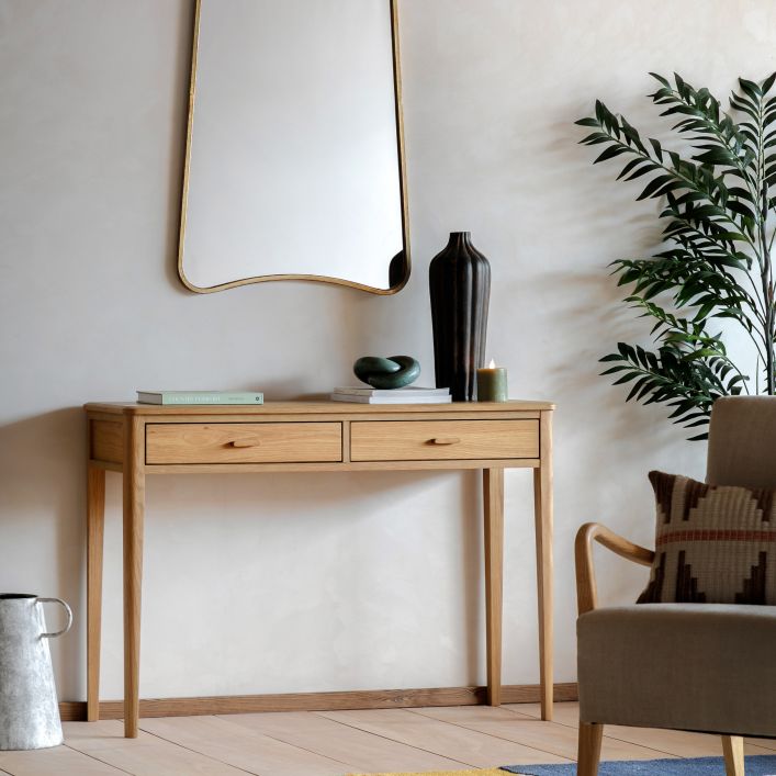 Gallery Direct Camden 2 Drawer Console Table in a Natural warm wood-grain finish, with matching handles and slim tapered legs