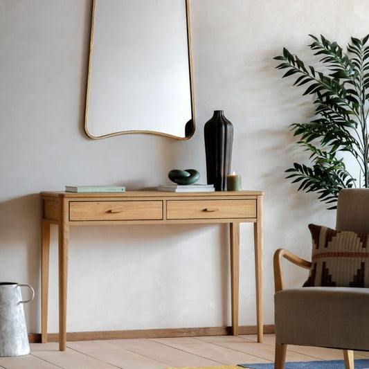 Gallery Direct Camden 2 Drawer Console Table in a Natural warm wood-grain finish, with matching handles and slim tapered legs