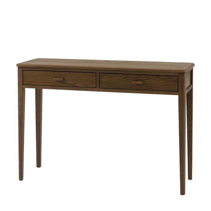 Gallery Direct Camden Console Table features 2 top drawers with slim wooden handles, and tapered legs in a dark walnut coloured finish