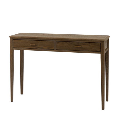 Gallery Direct Camden Console Table features 2 top drawers with slim wooden handles, and tapered legs in a dark walnut coloured finish
