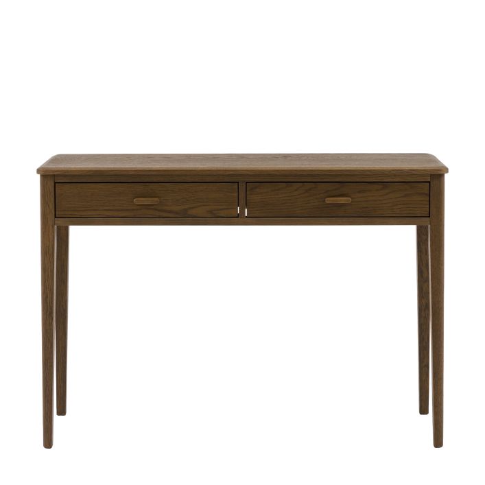 Gallery Direct Camden 2 Drawer Console Table in a dark Walnut wood-grain finish with matching handles and slim tapered legs