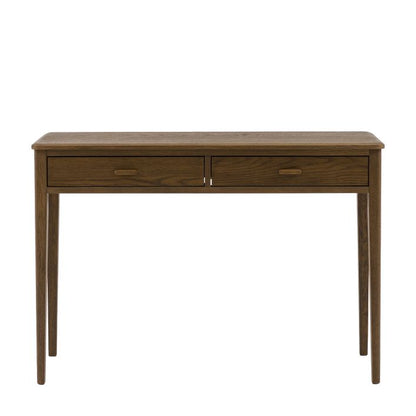 Gallery Direct Camden 2 Drawer Console Table in a dark Walnut wood-grain finish with matching handles and slim tapered legs