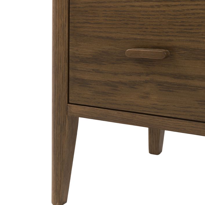 Gallery Direct Camden 3 Drawer Chest in a dark Walnut wood grain finish, features slim wooden drawer handles and tapered legs 