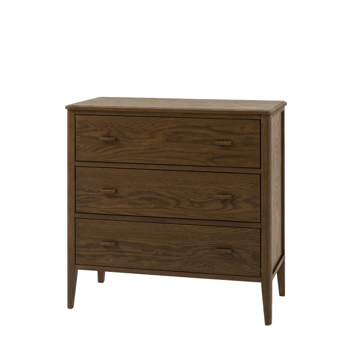 Gallery Direct Camden 3 Drawer Chest has 3 wide drawers with slim wooden handles and is constructed from wood veneers in a Walnut grain finish