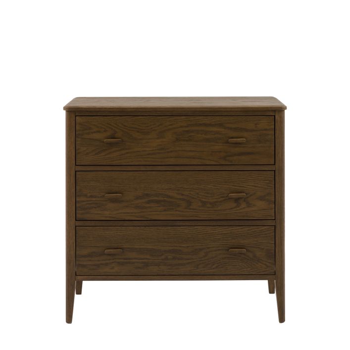 Gallery Direct Camden 3 Drawer Chest in a Walnut coloured wood finish with slim wooden handles and tapered legs