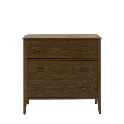 Gallery Direct Camden 3 Drawer Chest in a Walnut coloured wood finish with slim wooden handles and tapered legs