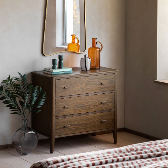 Gallery Direct Camden 3 Drawer Chest in a Walnut grain finish with matching slim wooden handles and tapered legs