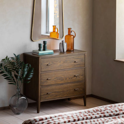 Gallery Direct Camden 3 Drawer Chest in a Walnut grain finish with matching slim wooden handles and tapered legs