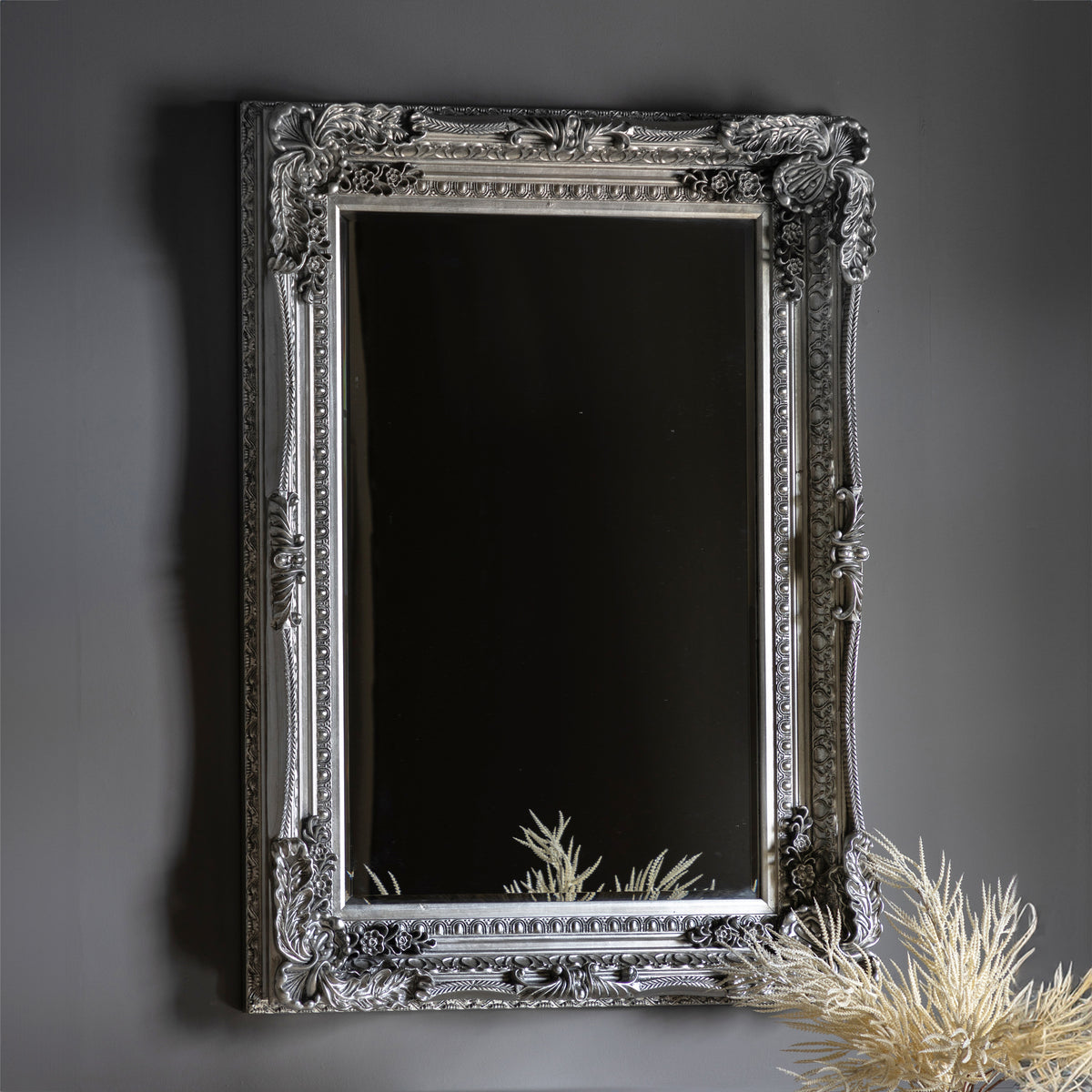 Gallery Direct Carved Louis Mirror Silver displayed in a styled interior