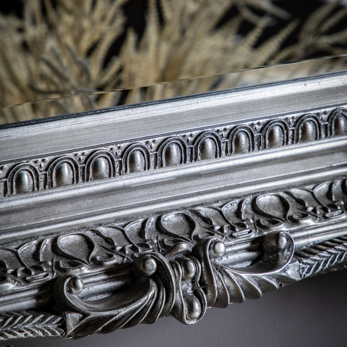 Gallery Direct Carved Louis Mirror Silver, close-up of the mirror and frame details