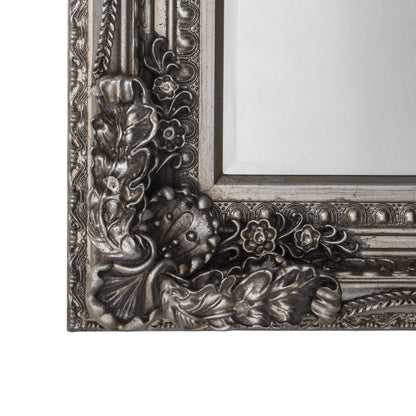 Gallery Direct Carved Louis Mirror Silver, close-up of the mirror and frame details