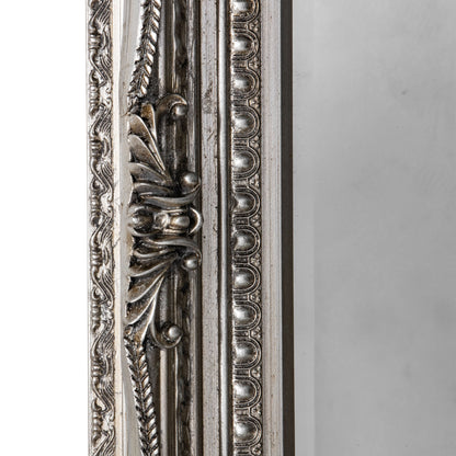 Gallery Direct Carved Louis Mirror Silver, close-up of the mirror and frame details