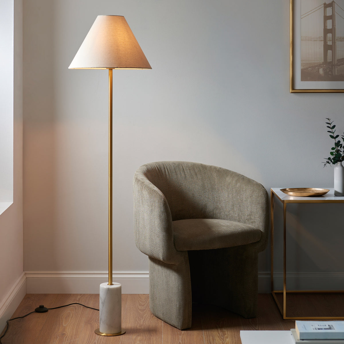 Gallery Direct Cassini Floor Lamp Brass and Marble, styled in a room setting