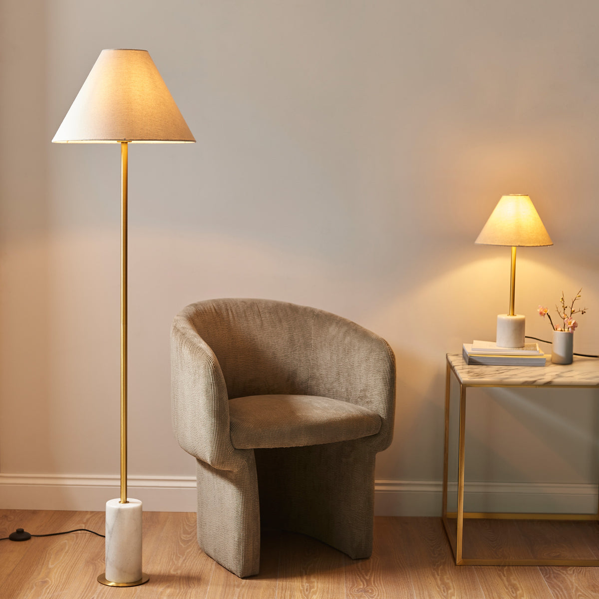Gallery Direct Cassini Floor Lamp Brass and Marble, styled in a room setting