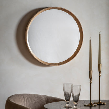 Gallery Direct Cedar Round Mirror Oak displayed in a styled interior