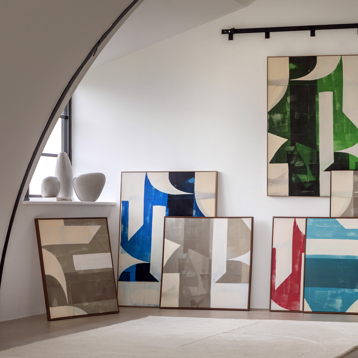 Gallery Direct Cemento Abstract Framed Canvas displayed in a styled interior