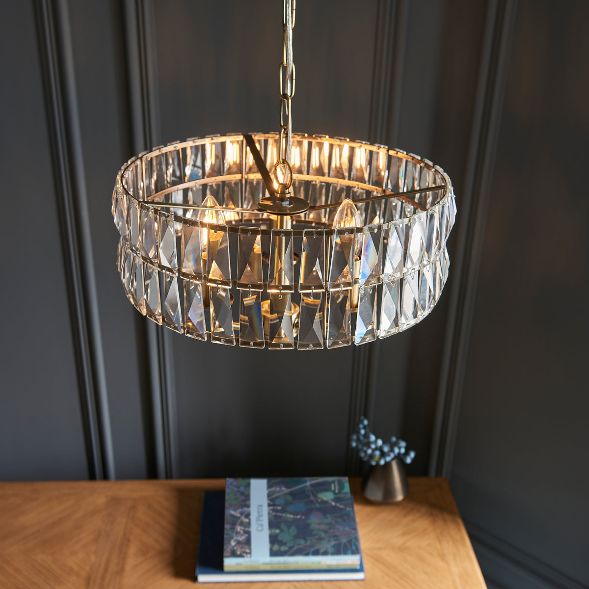 Gallery Direct Clifton 3 Pendant Light Antique Brass, close-up of the finish and design