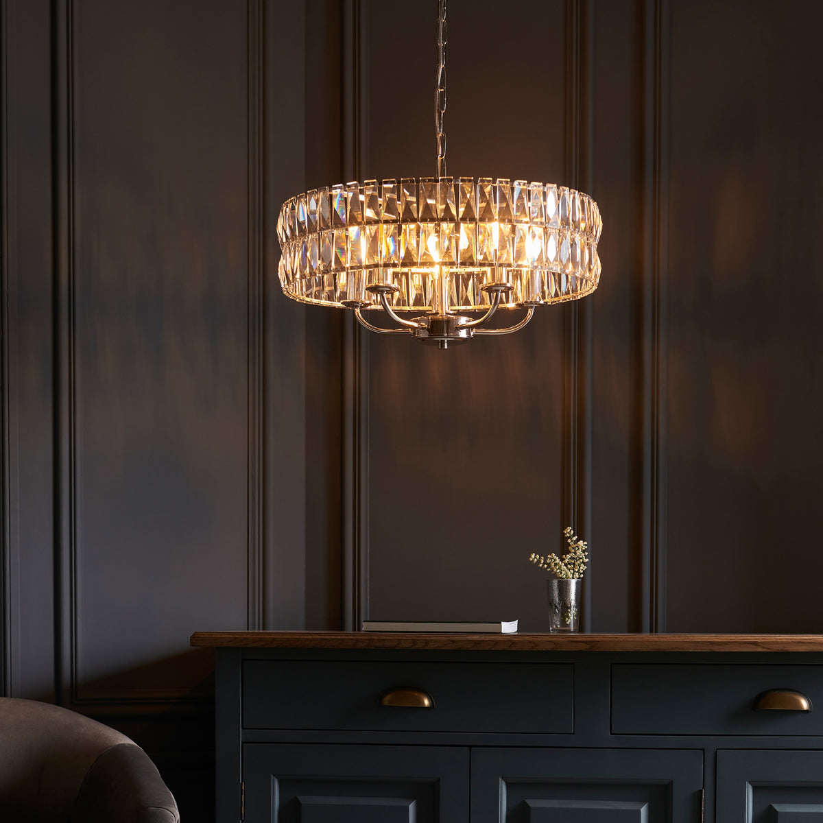 Gallery Direct Clifton 5 Pendant Light Bright Nickel, styled in a room setting