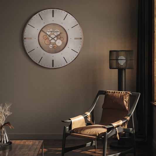 Gallery Direct Clocksmith Grand Clock Cog Bronze displayed in a styled interior
