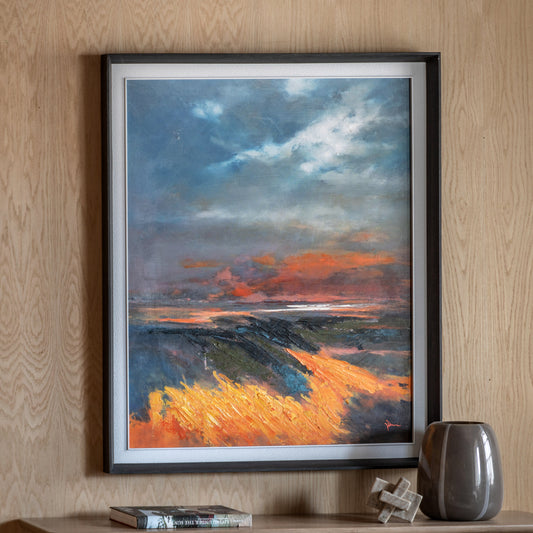 Gallery Direct Coastal Glow Framed Canvas displayed in a styled interior