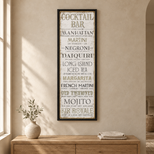 Gallery Direct Cocktail Bar Mirror on a warm neutral wall above an oak sideboard