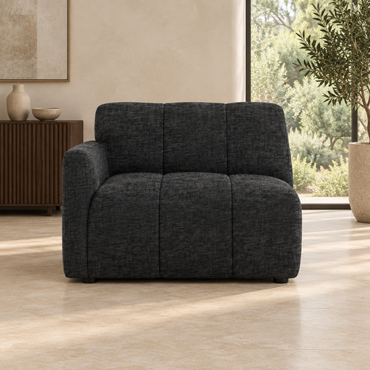 Gallery Direct Como RH Arm Module in Celine Battleship upholstery, shown in a softly lit contemporary living room.