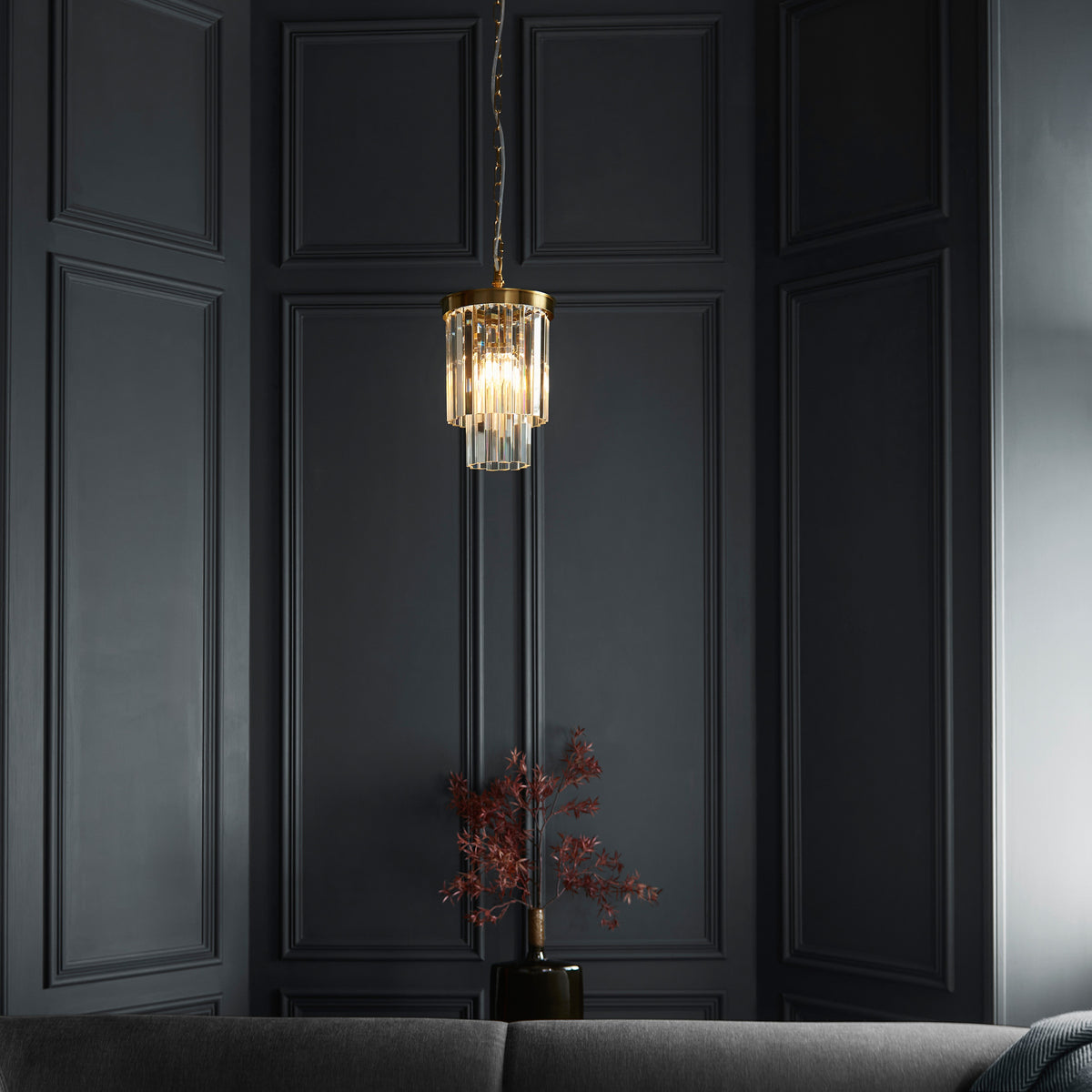 Gallery Direct Conaston 1 Pendant Light Brushed Aged Brass, styled in a room setting