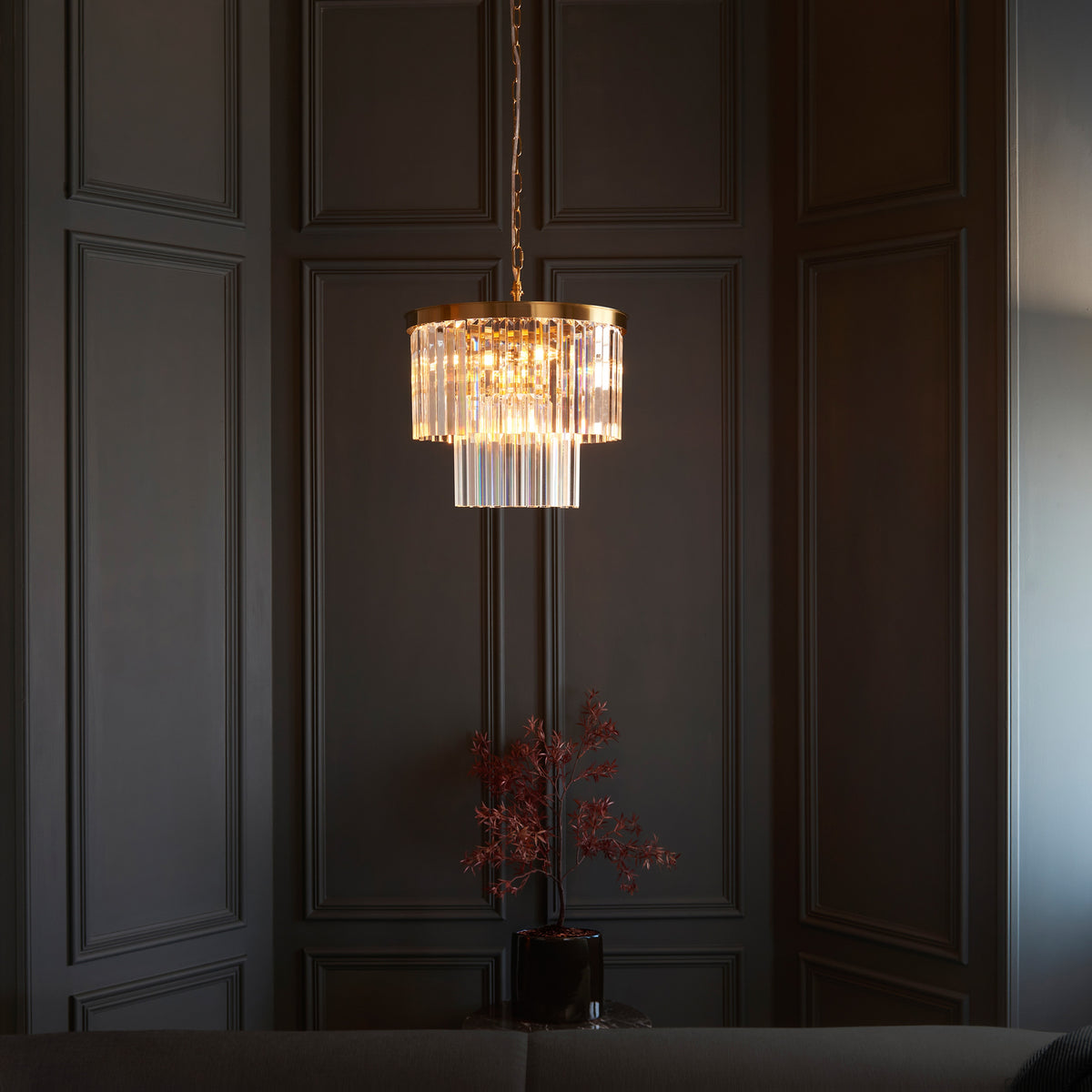 Gallery Direct Conaston 4 Pendant Light Brushed Aged Brass, styled in a room setting