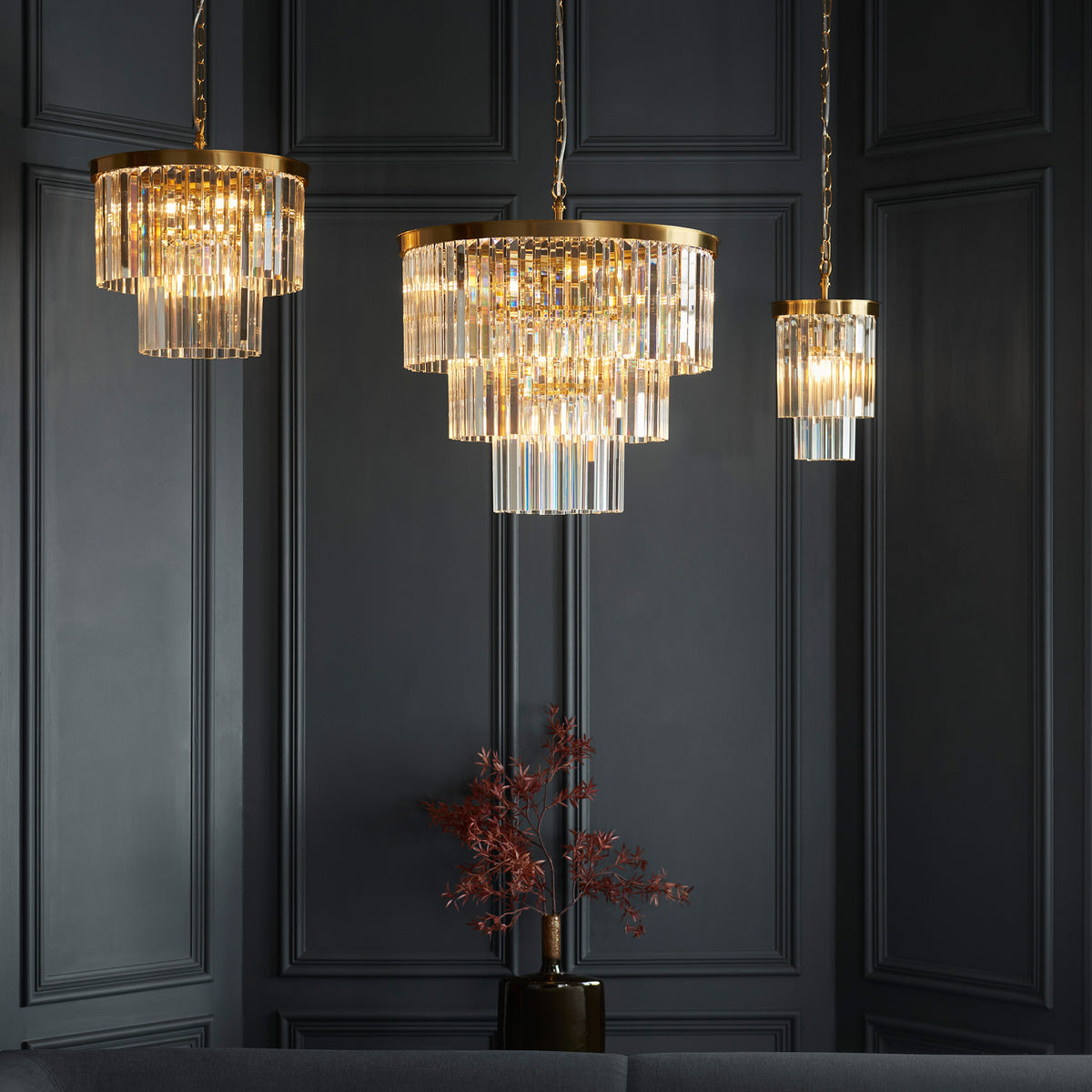 Gallery Direct Conaston 7 Pendant Light Brushed Aged Brass, styled in a room setting