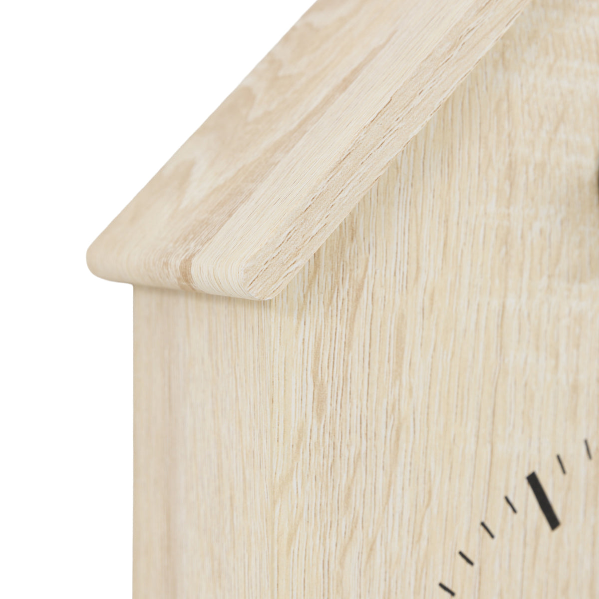 Gallery Direct Cuckoo Clock Washed Oak, close-up of the clock face and finish