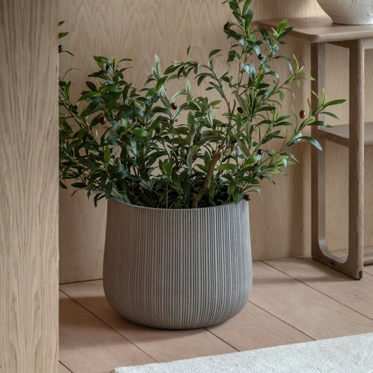 Gallery Direct Denia Ribbed Outdoor Planter Grey, styled in a supplier lifestyle setting