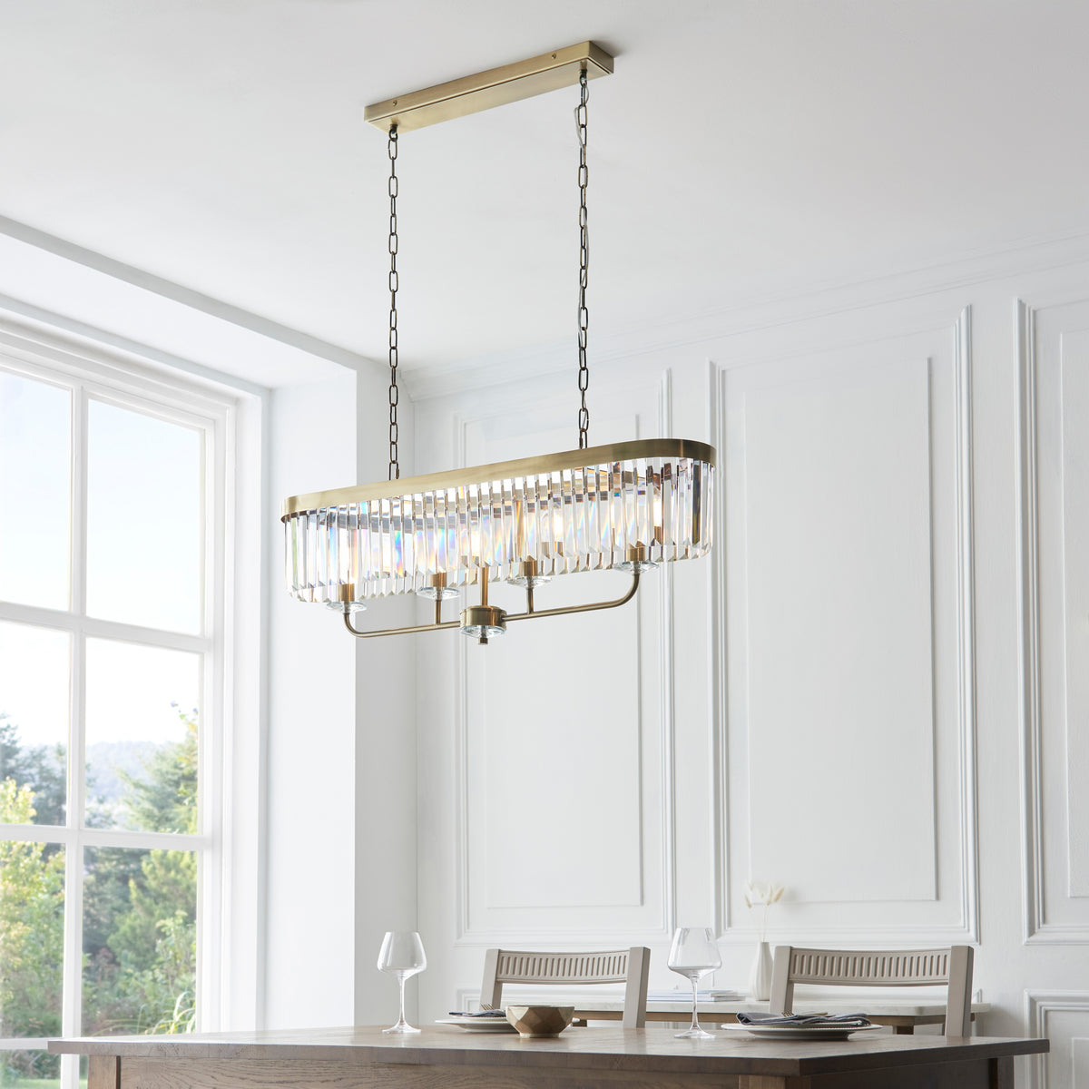 Gallery Direct Derby 4 Linear Pendant Light Antique Brass, styled in a room setting