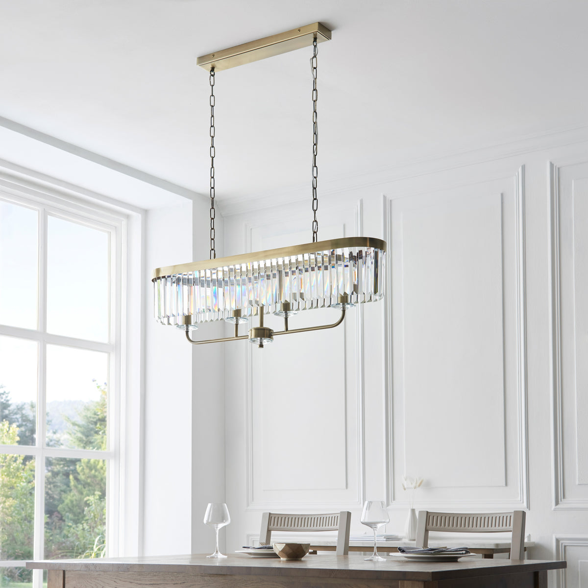 Gallery Direct Derby 4 Linear Pendant Light Antique Brass, styled in a room setting