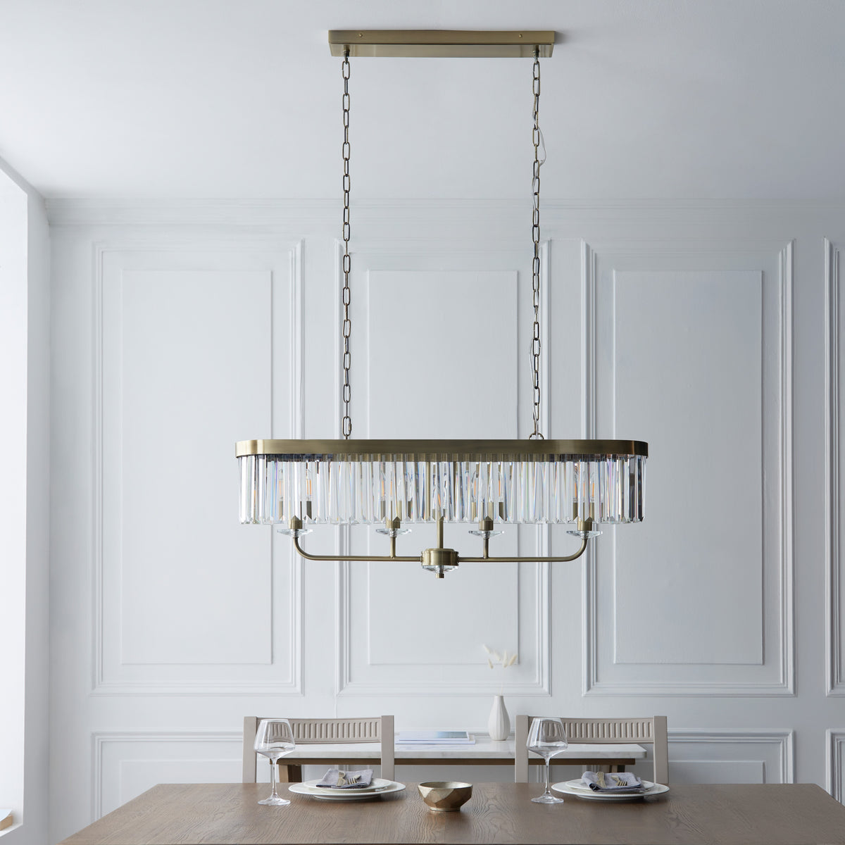Gallery Direct Derby 4 Linear Pendant Light Antique Brass, styled in a room setting