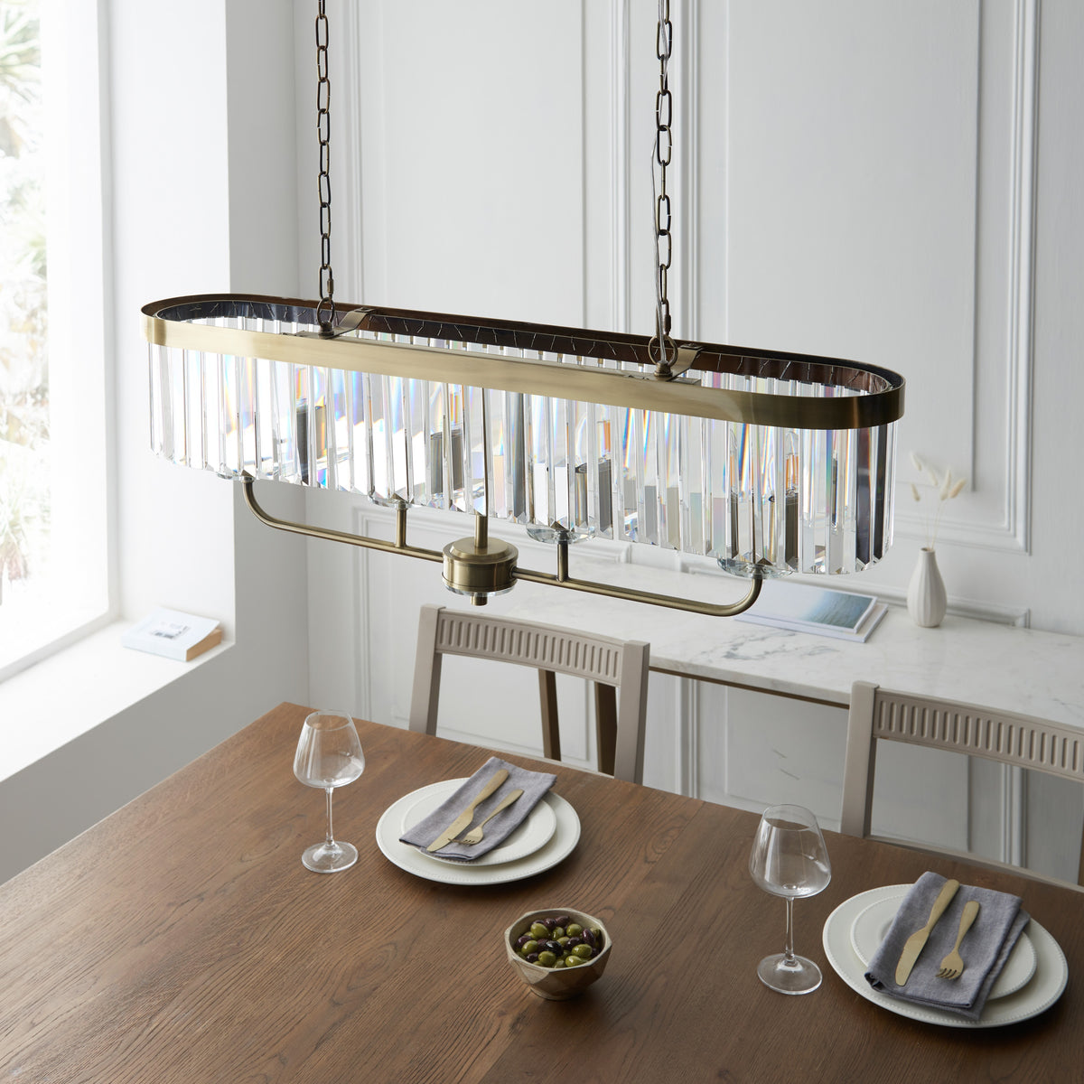 Gallery Direct Derby 4 Linear Pendant Light Antique Brass, styled in a room setting