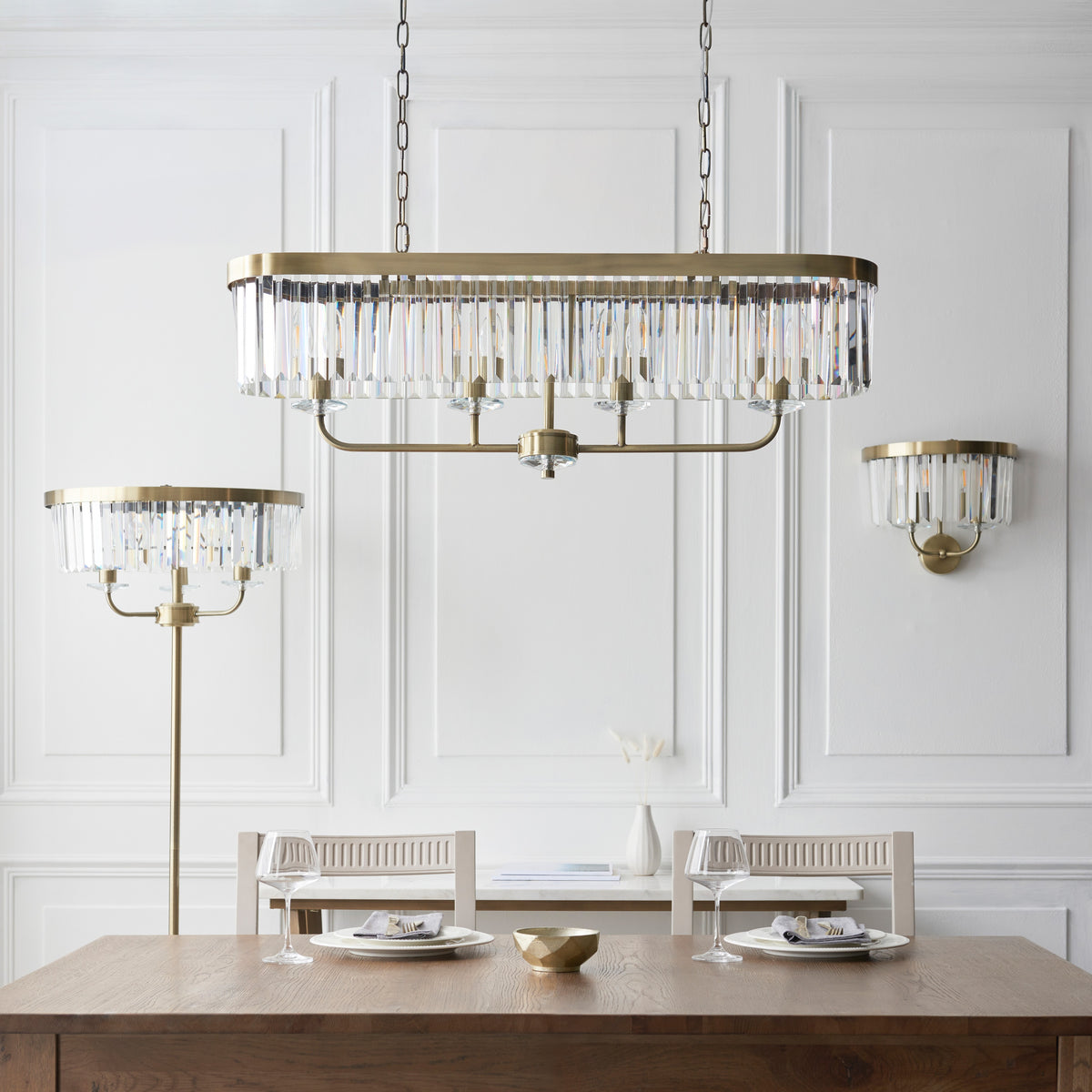 Gallery Direct Derby 4 Linear Pendant Light Antique Brass, styled in a room setting