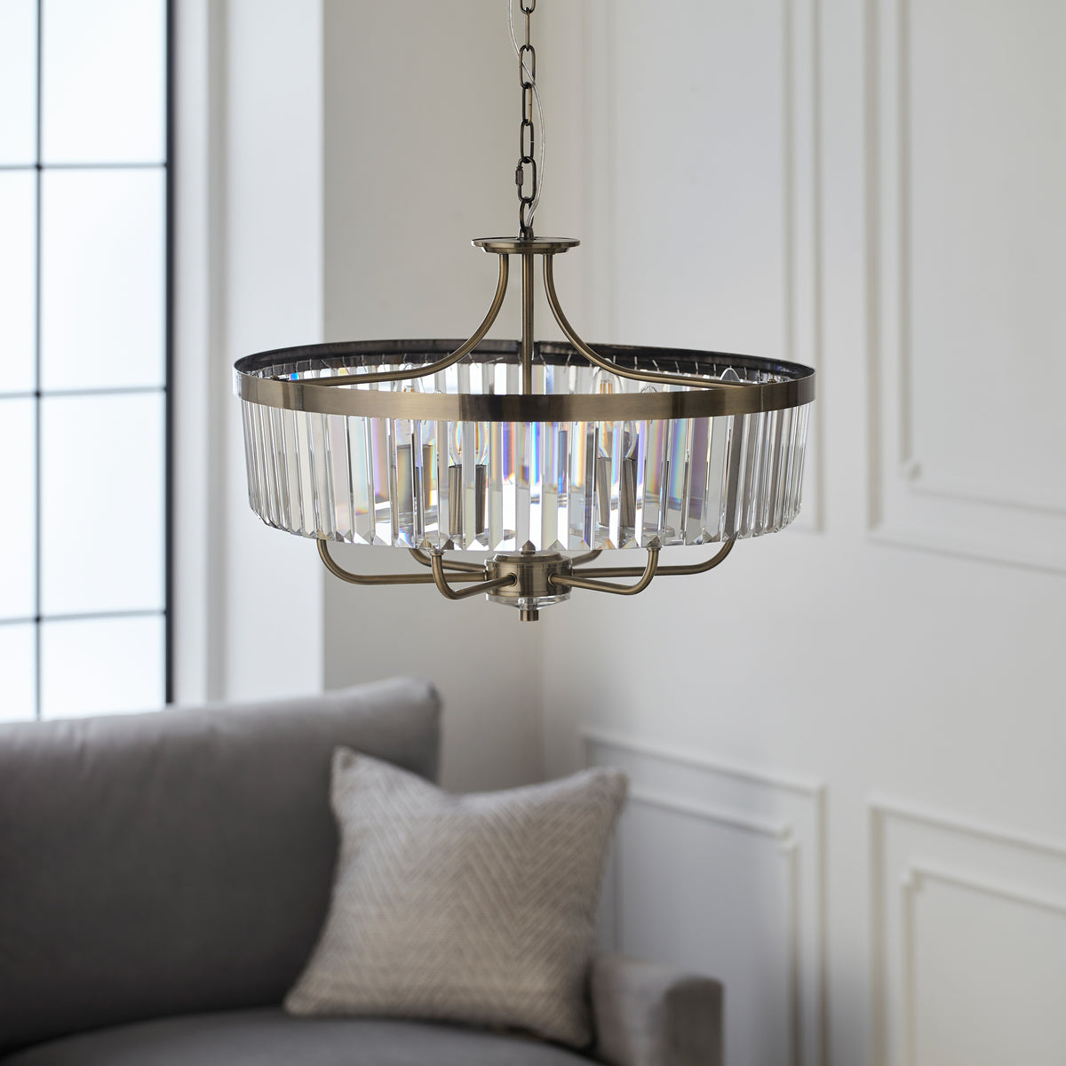 Gallery Direct Derby 6 Pendant Light Antique Brass, styled in a room setting