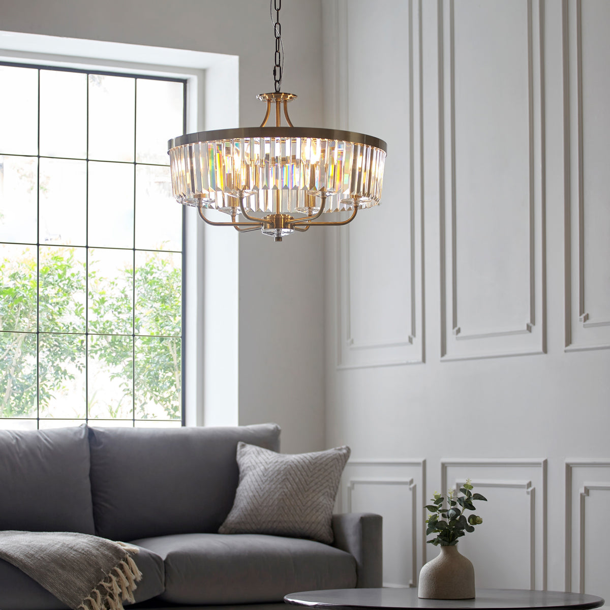 Gallery Direct Derby 6 Pendant Light Antique Brass, styled in a room setting