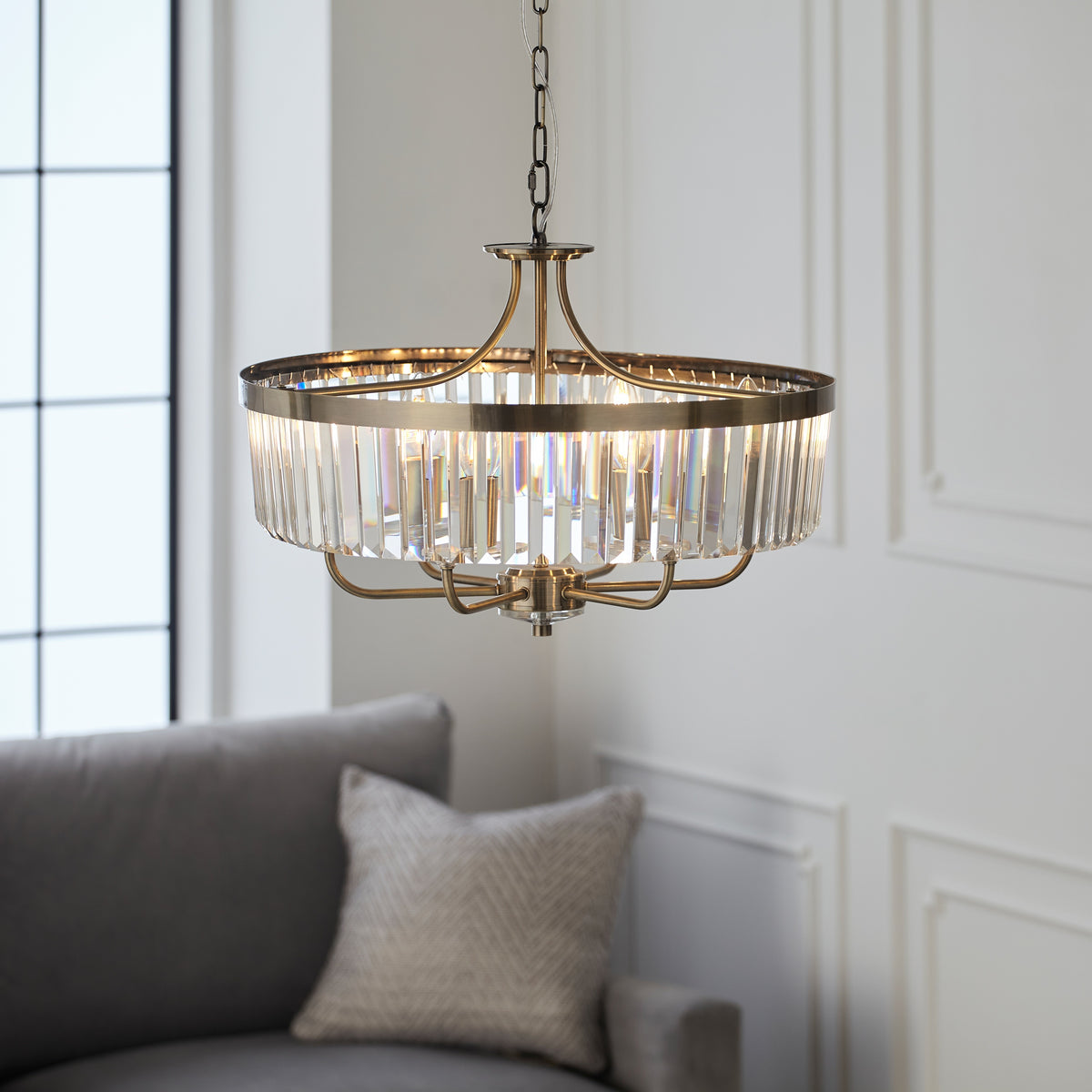 Gallery Direct Derby 6 Pendant Light Antique Brass, styled in a room setting