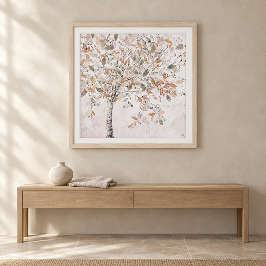 Gallery Direct Dreamweaver Framed Canvas above an oak console in a softly lit neutral interior